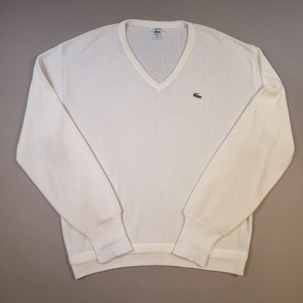 Vintage 80s IZOD Lacoste Sweater Mens XL White/Cream V Neck Orlon USA Made